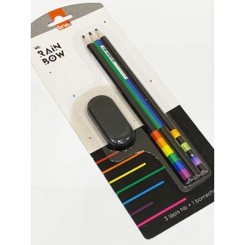 KIT 3 LAPIS HB COM BORRACHA  RAIN BOW
