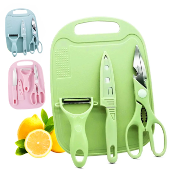 Kit Utensílios de Cozinha 4 Peças Faca Tesoura Descascador Inox + Tábua Culinária