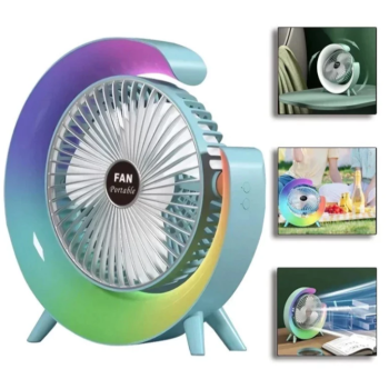 Ventilador Portátil com Luz LED Arco-Íris, Recarregável via USB