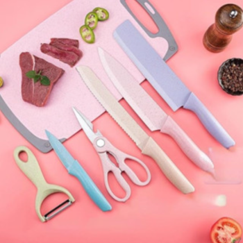 Jogo de Facas Coloridas Tesoura 6 Peças Kit Cozinha Chef