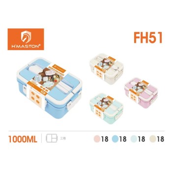 FH51 Marmita Com Divisórias Talher e Garfo Lancheira Para Microondas 1000ml
