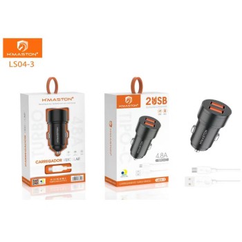 LS04-3 Carregador Veicular De Celular 2 Portas 4.8A Com Cabo Tipo C 