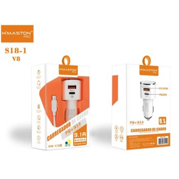 S18-1 Carregador Veicular 2 Saídas p/ Entrada USB e TIPO C Turbo 9.1A 36W  Com V8 Cabo