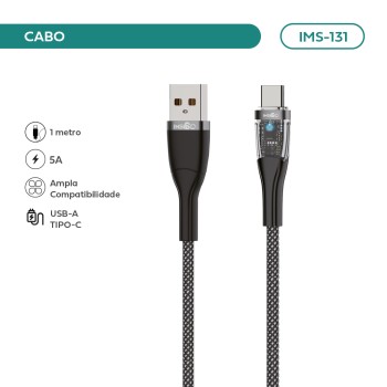 Cabo USB-A para Type-C IMENSO 5A Carregamento Rápido 1 Metro Nylon Traçado IMS-131
