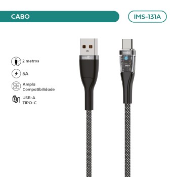 Cabo USB-A para Type-C IMENSO 5A Carregamento Rápido 2 Metro2 Nylon Traçado IMS-131A