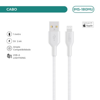 Cabo Imenso USB-A para Lightning 1m 5V 2.4A 480Mbps Nylon Trançado IMS-180MU