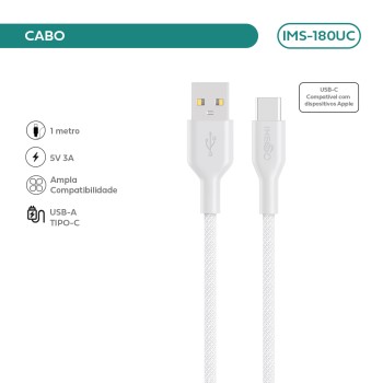 Cabo Imenso USB-A para Type-C 1m 5V 3A 480Mbps Nylon Trançado IMS-180UC