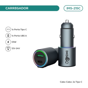 Carregador Veicular Imenso IMS-215C 53w Fast Charge Type-c/type-c Rgb Cor Preto