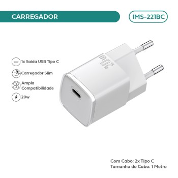 Carregador Ultra Rápido 20w Com Cabo Usb-c Branco IMS-221BC
