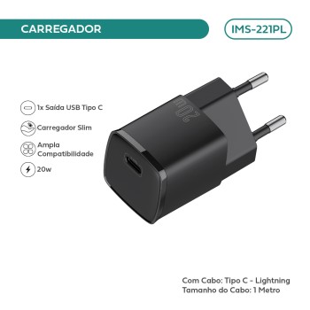 Carregador Turbo 20w Usb-c Imenso E Cabo Para iPhone Preto IMS-221PL