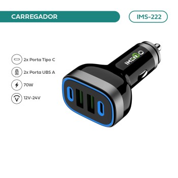 Carregador Veicular Imenso IMS-222 Super Charge 70w 2x Type-c/usb-a