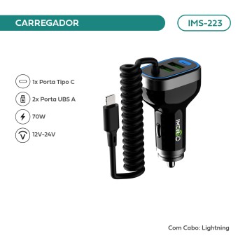 Carregador Veicular Imenso  IMS-223 70w Quick Charge 2x Type-c/usb-a