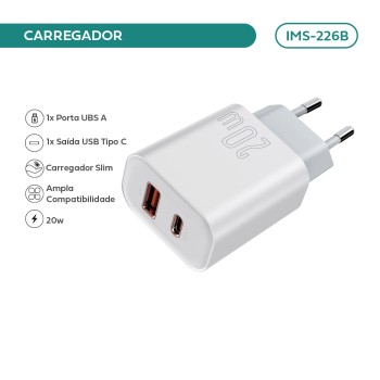 Carregador Imenso Pd20w 2 Saídas Type-c/usb-a C/  Cor Branco IMS-226B