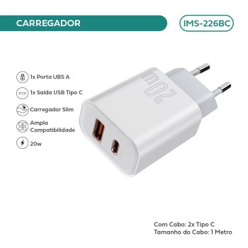 Carregador Imenso Pd20w 2 Saídas Type-c/usb-a C/ Cabo Type-c Cor Branco IMS-226BC
