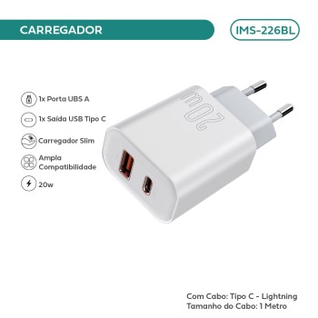 Carregador Imenso Pd20w 2 Saídas Type-c/usb-a C/ Cabo lightning Cor Branco IMS-226BL