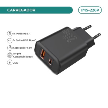 Carregador Imenso Pd20w 2 Saídas Type-c/usb-a C/  Cor Preto IMS-226P