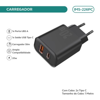 Carregador Imenso Pd20w 2 Saídas Type-c/usb-a C/ Cabo Type-c Cor Preto IMS-226PC