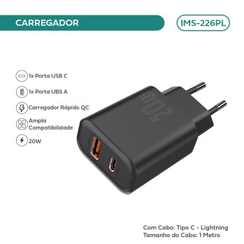 Carregador Imenso Pd20w 2 Saídas Type-c/usb-a C/ Cabo lightning Cor Preto IMS-226PL