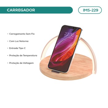 Carregador Sem Fio Indução Imenso C/ Iluminação 10w Cor Amadeirado IMS-229