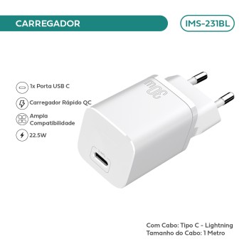 Carregador Imenso C/ 1 Saída Type-c 110-240v C/ Lightning IMS-231BL