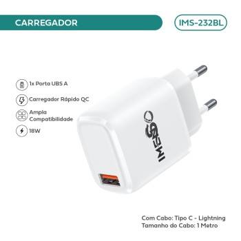 Carregador Turbo 18w Para iPhone 7/14 Pro Lightning Bivolt IMS-232BL