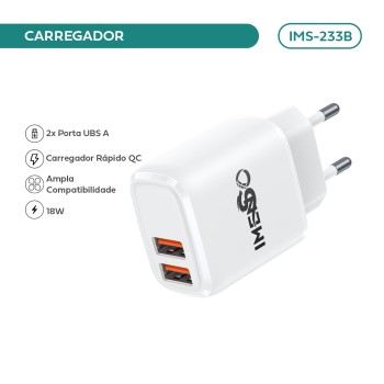 Carregador Imenso 50w/60w C/ 2 Saídas Usb-a Bivolt Cor Branco IMS-233B