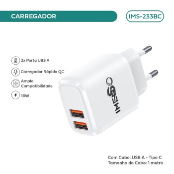 Carregador Imenso C/ 2 Saídas Usb-a Bivolt C/ Cabo Type-c IMS-233BC