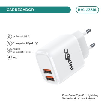 Carregador Imenso C/ 2 Saídas Usb-a Bivolt C/ Cabo Lightning IMS-233BL