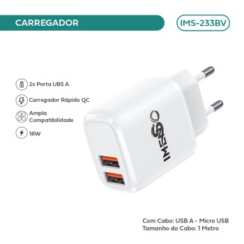 Carregador Imenso C/ 2 Saídas Usb-a Bivolt C/ Cabo Micro-usb IMS-233BV