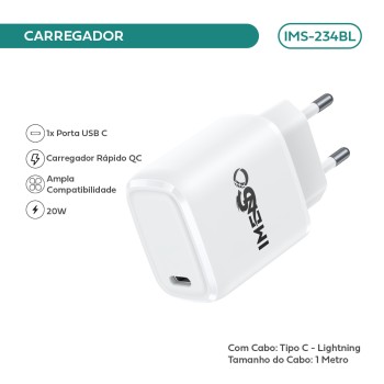 Carregador Imenso C/ 1 Saida Usb-a Bivolt C/ Cabo Lightning IMS-234BL