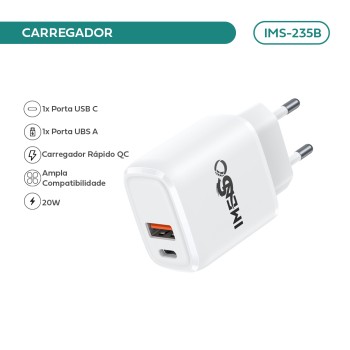 Carregador Imenso Pd20w C/ 2 Saídas Usb-a/type-c IMS-235B