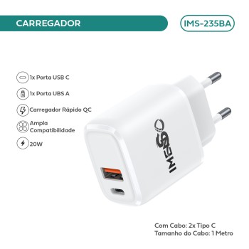 Carregador Imenso 2 Saídas Usb-c/usb-a C/ Cabo USB-A-Type-C IMS-235BA