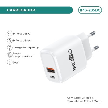 Carregador Imenso Pd20w 2 Saídas Usb-c/usb-a C/ Cabo Type-c IMS-235BC