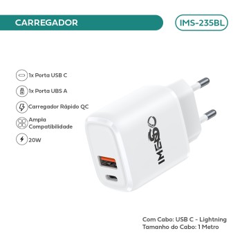 Carregador Imenso 2 Saídas Usb-c/usb-a C/ Cabo Lightning IMS-235BL