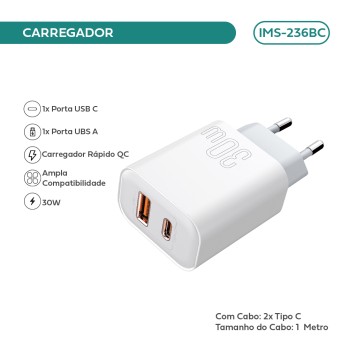 Carregador Imenso C/ 2 Saídas Type-c/usb-a  C/ Cabo Type-C IMS-236BC