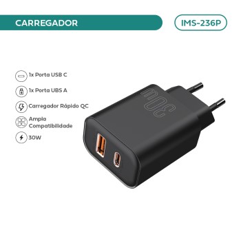 Carregador Imenso C/ 2 Saídas Type-c/usb-a IMS-236P