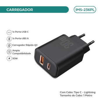 Carregador Imenso C/ 2 Saídas Type-c/usb-a C/ Cabo Lightning IMS-236PL