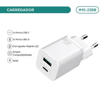 Carregador De Parede Imenso 30w C/ 2 Saídas Type-c/usb-a IMS-238B