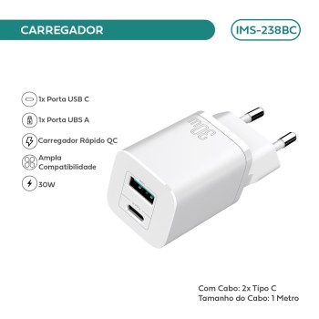 Carregador Imenso 30w C 2 Saídas Type-c/usb-a C/ Cabo Type-c Cor Branco IMS-238BC