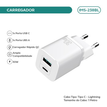 Carregador Imenso C/ 2 Saídas Type-c/usb-a C/ Cabo Lightning IMS-238BL