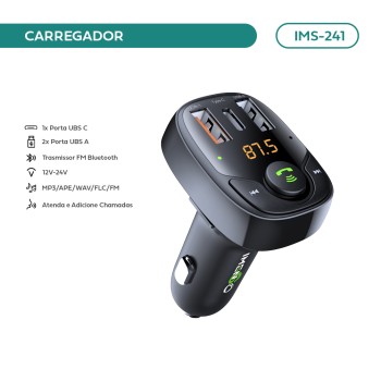 Carregador Veicular Imenso 36w Quickcharge 2x Usb-a 1 Type-c Cor Preto IMS-241