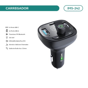 Carregador Veicular Imenso 50w Quickcharge 2x Usb-a 1 Type-c Cor Preto IMS-242
