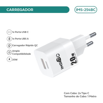 Carregador Imenso 2 Saídas Type-c/usb-a C/ Cabo Type-c IMS-254BC