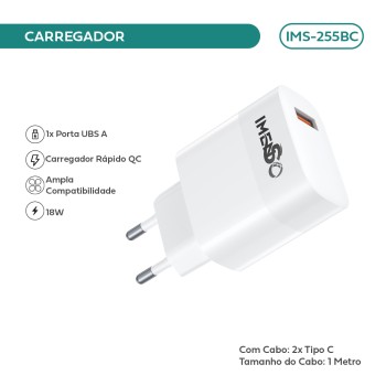 Carregador Imenso C/ 1 Saída Usb-a Bivolt C/ Cabo Type-C IMS-255BC