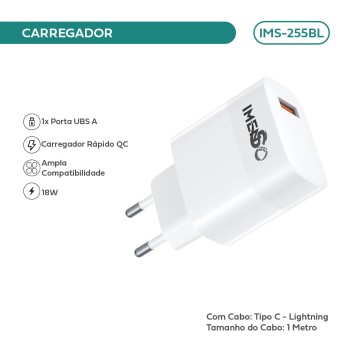 Carregador Imenso C/ 1 Saída Usb-a Bivolt C/ Cabo Lightning IMS-255BL