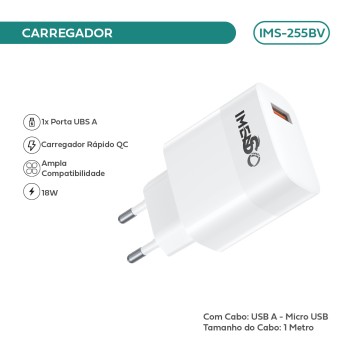 Carregador Imenso C/ 1 Saída Usb-a Bivolt C/ Cabo USB A-MICRO USB IMS-255BV