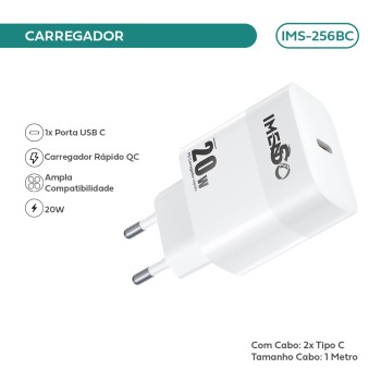 Carregador Imenso 20w C 1 Saída Type-c Bivolt C/ Cabo Type-c IMS-256BC