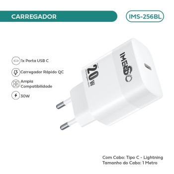 Carregador Imenso 20w C 1 Saída Type-c Bivolt C/ Cabo Type-Lightning IMS-256BL