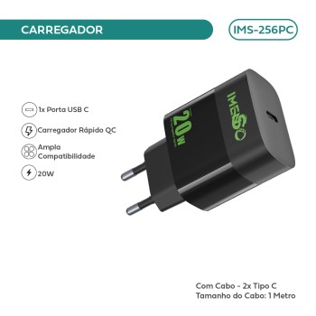 Carregador Imenso 20w C 1 Saída Type-c Bivolt C/ Cabo Type-c IMS-256PC