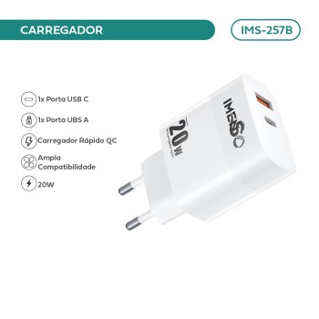 Carregador Imenso 20w C/ 2 Saídas Type-c/usb-a Bivolt IMS-257BC
